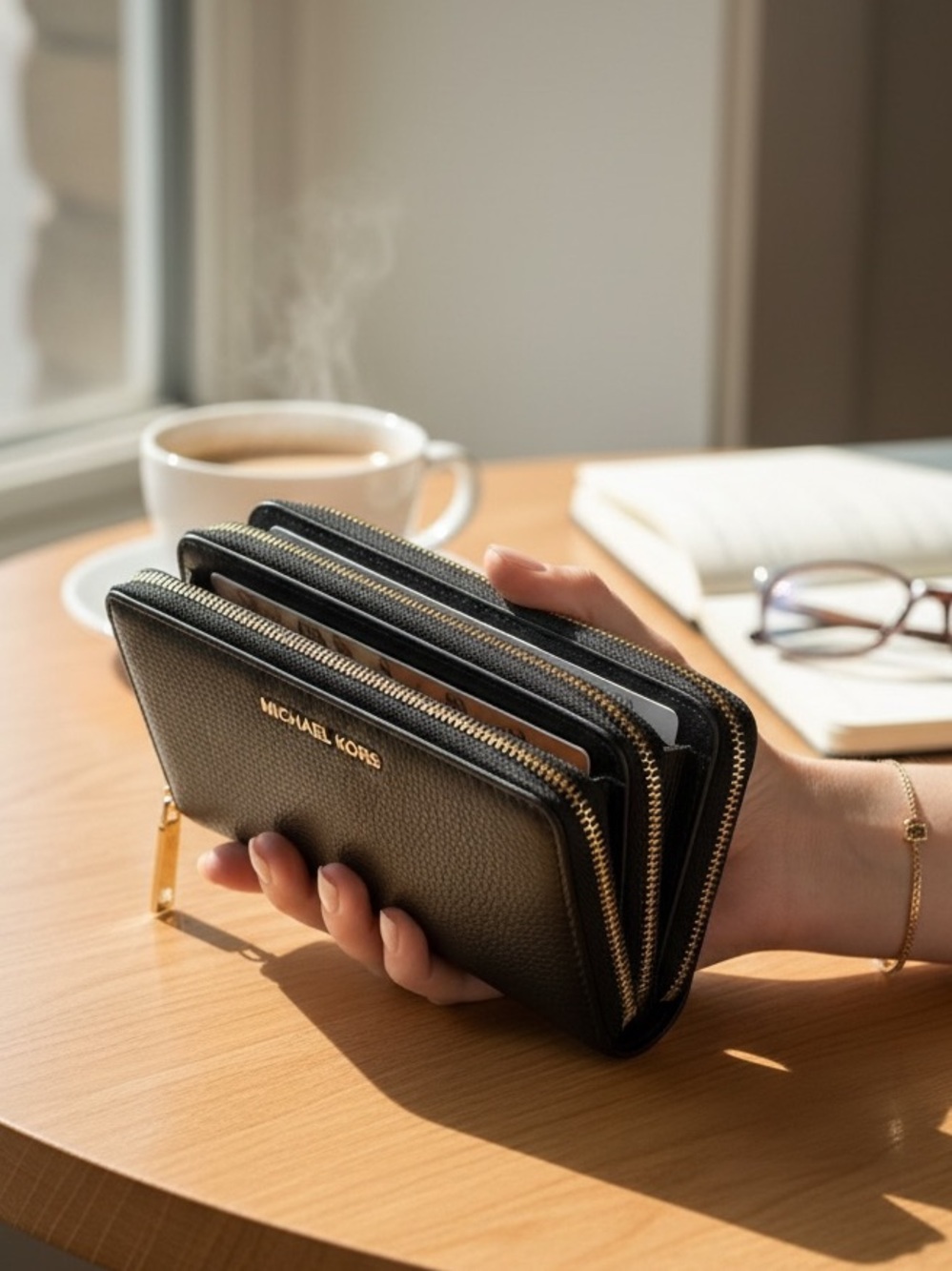Michael Kors Black Pebbled Leather Zip-Around Wallet with Gold Logo
